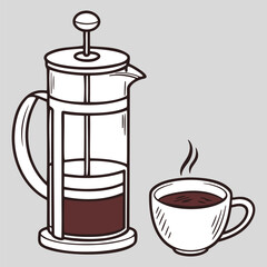 Flat French Press with Cup Vector in Line Art Style