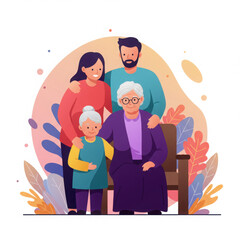 Fototapeta premium Family posing together with elderly woman sitting on bench 
