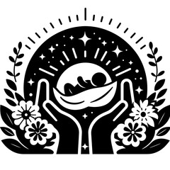Hands holding a baby in a boat surrounded by flowers and stars, concept of mandala  