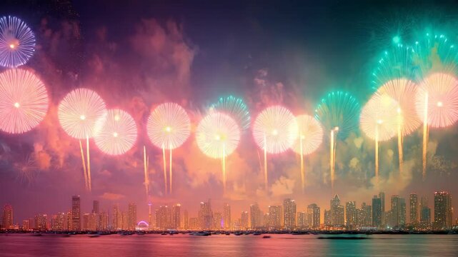 Vibrant Fireworks Display Over City Skyline at Night, Celebrating Holiday Event with Reflections on Water