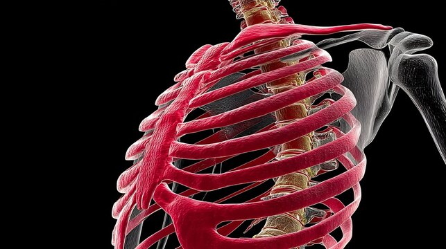 High resolution view of intercostal muscle strain between ribs depicting acute pain rotational trunk movement or overextension in workouts