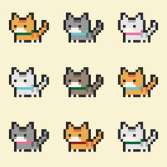 Pixel art of a cute kitten on a white background. Retro vector illustration of a pixel cat on a light background