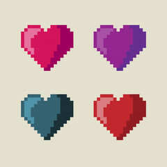 Colorful pixel hearts. love icons. Set of pixel hearts in retro style. Vector illustration