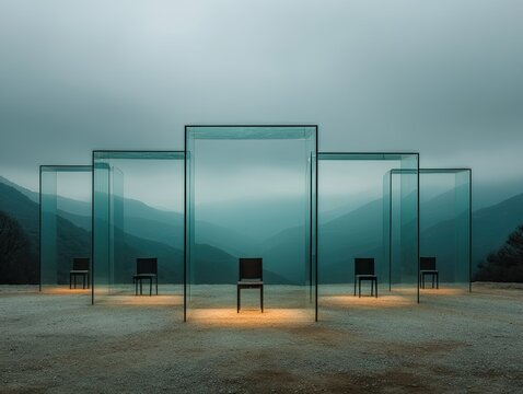 An artistic installation of illuminated glass boxes, each containing a single chair, is set in a moody mountain landscape under cloudy skies.