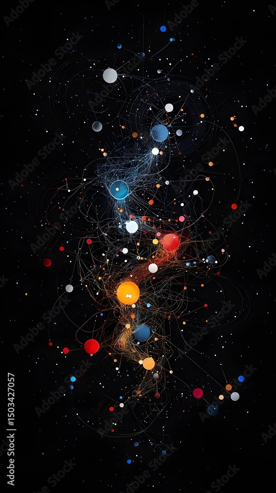Poster abstract data funnel visualization with colorful points and connections