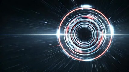 Futuristic glowing circular portal with light trails and energy beams on dark abstract digital background - Powered by Adobe