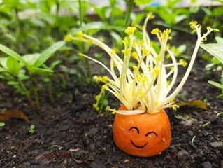Happy carrot on a vegetable garden. Happy face drawn on a piece of a carrot. 