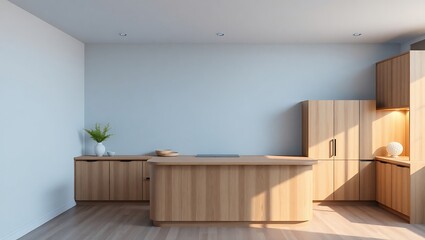  Free PNG wallpaper mockup in Interior Dining Room, Modern Minimalist Kitchen with Wooden Cabinets and Kitchen Island, 3D rendering 