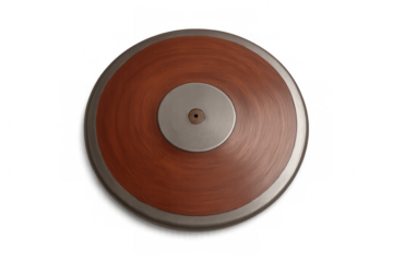 Classic discus with wooden center and metal rim, isolated on a transparent background, ready for competition
