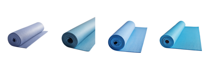 A set of neatly rolled yoga mat in calming blue, isolated on a transparent background and captured in a studio with soft lighting to highlight wellness and simplicity