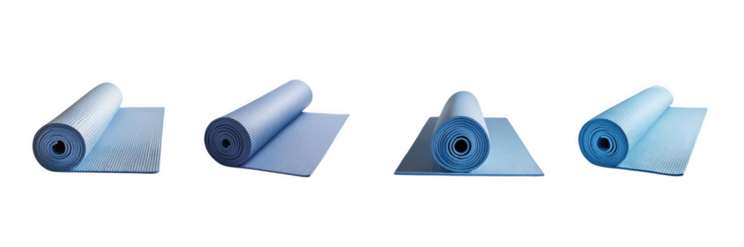 A set of neatly rolled yoga mat in calming blue, isolated on a transparent background and captured in a studio with soft lighting to highlight wellness and simplicity