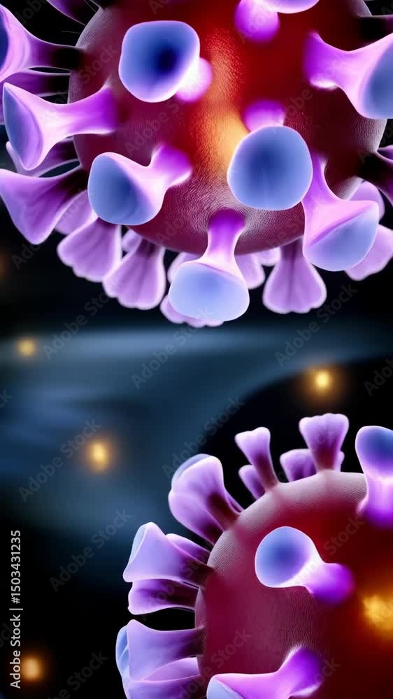Poster microscopic view of abstract pathogens with violet and blue spiked surfaces with glowing particles s