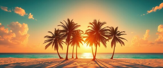 Tropical paradise with palm trees silhouetted against a vibrant sunset on a sandy beach. Vacation dreams.
