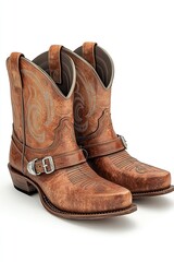 Pair of light brown leather cowboy boots with decorative stitching and buckles