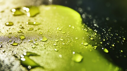 Fototapeta premium Close-up view of water droplets on a yellowish surface.