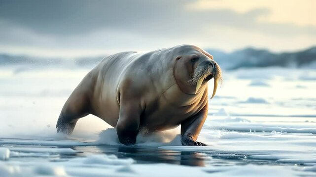 A walrus running across a frozen shoreline, its bulky frame lurching forward as ice cracks and snow kicks up beneath its flippers.
