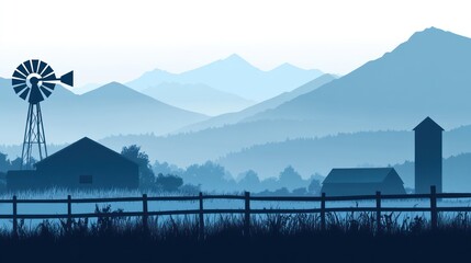 Silhouetted farm scene, mountains in the background