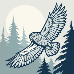 Elegant vector illustration of a flying great gray owl, showcasing detailed feathers and outstretched wings—ideal for wildlife-themed designs and nature-inspired projects