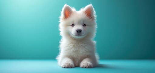 Adorable white puppy on teal background