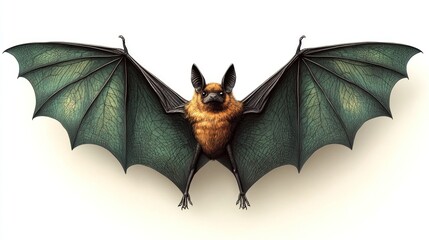Detailed illustration of a bat with outstretched wings.  A realistic depiction of a bat against a white background