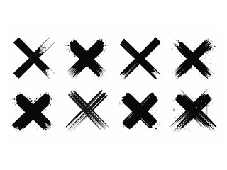 Obraz premium X black mark set in grunge style. Hand drawn crossed brush strokes. Crosshairs symbols in brush style with black ink splashes. Cross sign graphic symbol, grunge graphic collection