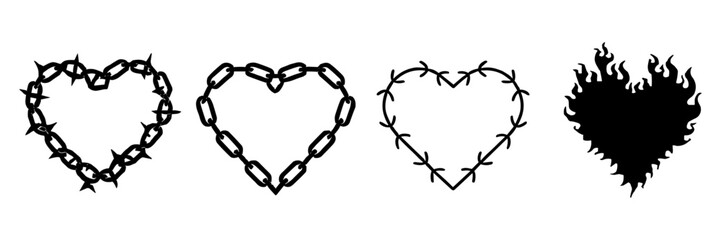 Y2k set of hearts - burning, from a chain, from a barbed wire, from cracks, from thorny bushes, wireframe, pixel and others. Hearts in different styles Isolated set
