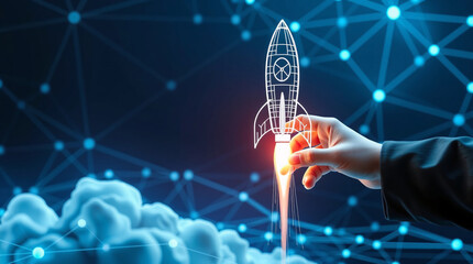 Hand holding a rocket in a digital network, symbolizing technological innovation and progress.