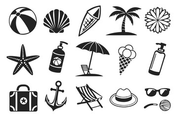 Fototapeta premium Black and White Summer Beach Icons Vector Set