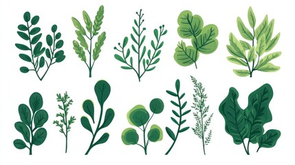 Collection of stylized green leaves and branches