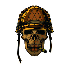 Original illustration of a retro skull soldier in a helmet with a cigar in his mouth