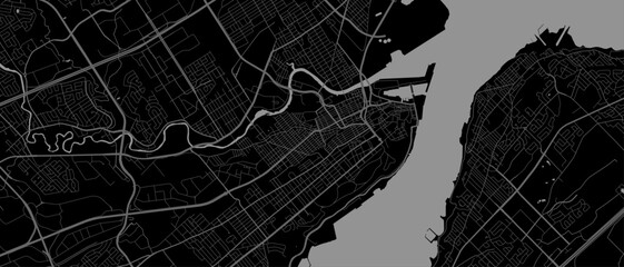Dark black Quebec city area horizontal vector background map, streets and water cartography illustration.