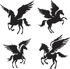 Set of 4 Mythical Pegasus Silhouettes - Minimalist Black Winged Horse Vector Illustrations