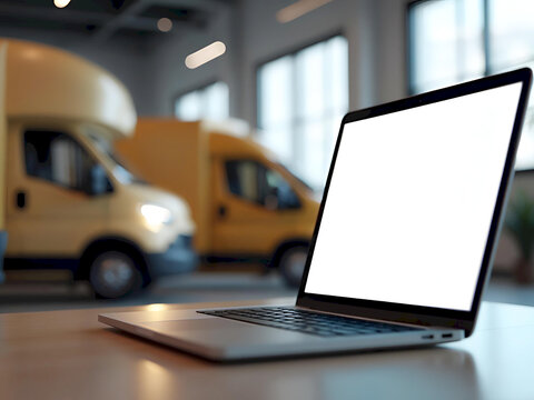 Laptop screen mockup with delivery vans in background, logistics connection