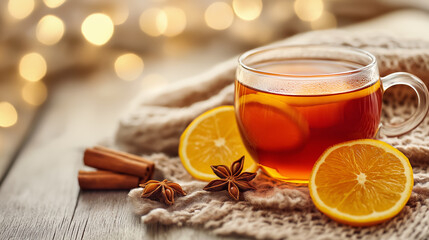 Warm cup of tea with orange slices, cinnamon sticks, and star anise on a cozy knitted blanket. Festive winter mood with warm lighting, perfect for a comforting drink scene.