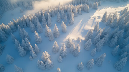 Aerial view of a snowy forest with soft light casting long shadows. Serene winter landscape capturing the calm beauty of nature in the cold season.