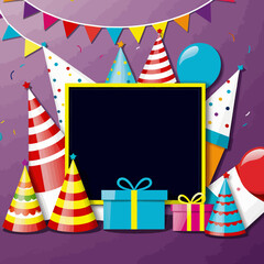 Obraz premium Happy-Birthday-Background-with-Celebration-Party-Hats-Balloons-and-Gifts-Festive-Decoration-for-Birthday-Party-Greeting-Card-Invitation-Template-Vector-Illustration