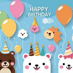 Fototapeta premium Happy-Birthday-Party-with-Cute-Animals-Balloons-and-Party-Hats-Adorable-Cartoon-Bears-Clouds-and-Balloons-for-Kids-Birthday-Celebration-Illustration