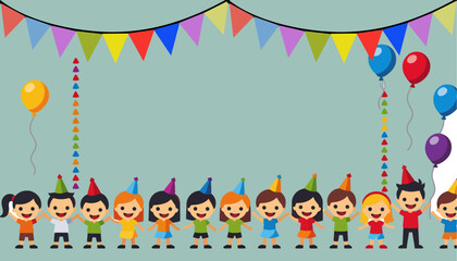 Fototapeta premium kids-birthday-party-background-with-colorful-balloons-flags-and-happy-children-illustration-for-celebration-greeting-cards-and-invitations