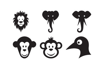 Wild Animal Face Silhouette Vector Set Lion, Elephant, Monkey, Bird Icons