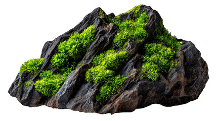 Natural rock formation with lush greenery, rugged texture, perfect for outdoor landscape design or nature-themed projects. Isolated on white background or PNG