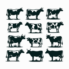 Farm animals collection vector set with cow silhouettes in black icon style