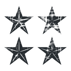 Four Distressed Black Stars Graphic Design Elements Set for Vintage or Rustic Projects