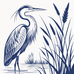 Elegant vector illustration of a Great Blue Heron, showcasing its graceful stance and detailed plumage, ideal for nature-themed designs and wildlife art projects