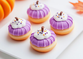 Festive purple pumpkin cookies decorated with frosting and sprinkles for autumn celebrations
