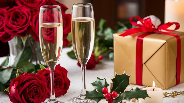 Elegant scene featuring two champagne flutes beside red roses, a golden gift, and seasonal greenery, perfect for holiday celebrations.
