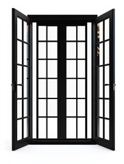 Black double doors with a gridded pane design