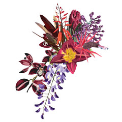 Lily, orchid, protea, lilac fall garden flowers, eucalyptus, greenery vector design. Wedding autumn dried floral bouquet. 