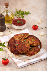 Turkey cutlets from minced meat. Pan-fried meat fritters. Healthy dinner for the family.