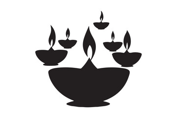 Diwali Oil Lamp Silhouette Traditional Diya Flame Vector for Festival Decoration