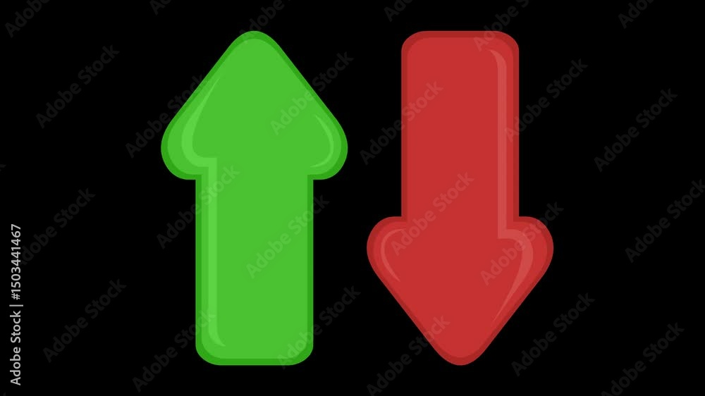 Poster video animation two arrows changing color green or red and indicating up down direction sense, on a 